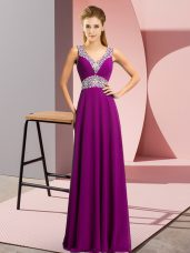 Chiffon V-neck Sleeveless Lace Up Beading Dress for Prom in Purple