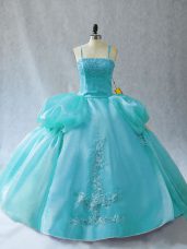 Smart Aqua Blue Sleeveless Floor Length Appliques Lace Up Sweet 16 Dress