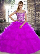 Edgy Tulle Sleeveless 15th Birthday Dress Brush Train and Beading and Pick Ups