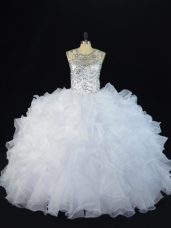 Floor Length Lace Up Quinceanera Dresses White for Sweet 16 and Quinceanera with Beading and Ruffles