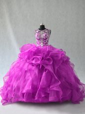 Exquisite Purple Ball Gowns Organza Scoop Sleeveless Beading and Ruffles Floor Length Lace Up 15th Birthday Dress