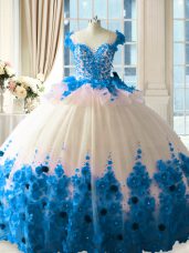 Blue And White Sleeveless Hand Made Flower Zipper Quinceanera Dress