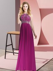 Trendy Beading Prom Gown Fuchsia Backless Sleeveless Floor Length