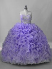 High Class Lavender Lace Up Sweetheart Beading Quinceanera Dresses Fabric With Rolling Flowers Sleeveless Brush Train