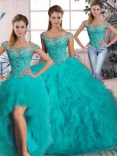 Elegant Off The Shoulder Sleeveless Brush Train Lace Up Sweet 16 Dress Aqua Blue Tulle