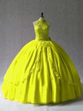 Edgy Floor Length Lace Up Quinceanera Dress Yellow Green and In with Appliques