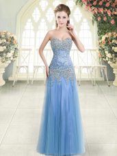 Blue Tulle Zipper Sweetheart Sleeveless Floor Length Evening Dresses Beading