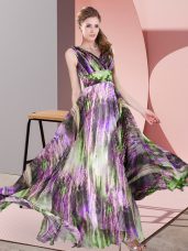 Gorgeous V-neck Sleeveless Formal Dresses Floor Length Pattern Multi-color Printed