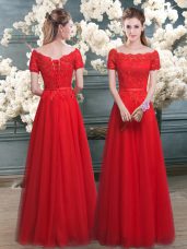 Custom Designed Red A-line Tulle Off The Shoulder Short Sleeves Lace Floor Length Lace Up Prom Party Dress