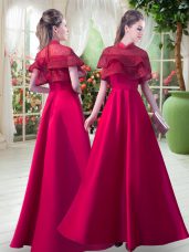 Red Zipper Evening Gowns Lace Short Sleeves Floor Length