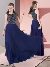 Navy Blue Scoop Neckline Beading Prom Dresses Sleeveless Zipper