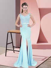 Glamorous Blue V-neck Neckline Beading and Lace Evening Wear Sleeveless Zipper