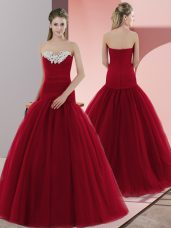 Artistic Sweetheart Sleeveless Prom Dresses Floor Length Beading Red Tulle