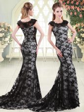 Latest Black Lace Zipper Scoop Sleeveless Sweep Train Appliques