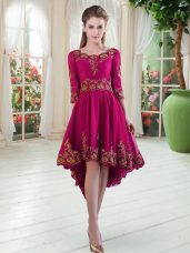 Fitting Scoop Long Sleeves Satin Prom Dress Embroidery Lace Up