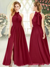 Custom Designed Wine Red Chiffon Zipper Evening Wear Sleeveless Ankle Length Ruching