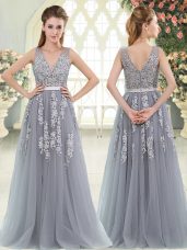 Excellent Grey V-neck Neckline Appliques Prom Gown Sleeveless Zipper