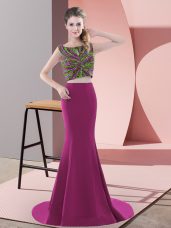 Sleeveless Beading Backless Formal Dresses with Fuchsia Sweep Train