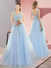 Stunning Blue V-neck Neckline Beading Evening Wear Sleeveless Lace Up