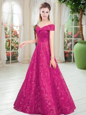 Fuchsia Sleeveless Beading Floor Length Evening Gowns