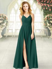 Popular Peacock Green Sleeveless Floor Length Ruching Zipper Prom Dresses