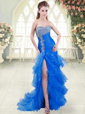 Blue Mermaid Sweetheart Sleeveless Organza Sweep Train Lace Up Beading and Ruffled Layers