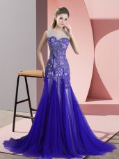 Tulle Sleeveless Womens Evening Dresses Sweep Train and Beading and Appliques