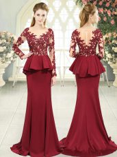 Red Long Sleeves Lace and Appliques Zipper Evening Party Dresses