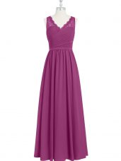 Fuchsia Empire Chiffon V-neck Sleeveless Lace and Ruching Floor Length Backless Formal Dresses