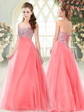 Watermelon Red Formal Evening Gowns Prom and Party with Beading Sweetheart Sleeveless Lace Up