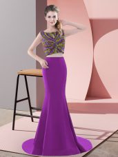 Scoop Sleeveless Evening Gowns Sweep Train Beading Purple Satin