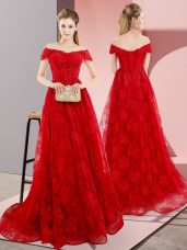 Lovely Red Off The Shoulder Lace Up Beading and Lace Formal Dresses Sweep Train Sleeveless