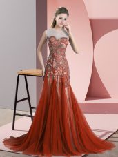 Scoop Sleeveless Sweep Train Backless Rust Red Tulle