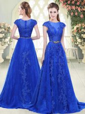 Blue A-line Tulle Scoop Cap Sleeves Lace and Appliques Zipper Formal Dresses Sweep Train