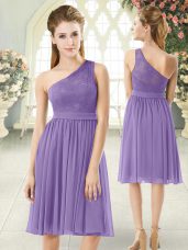 Lavender Chiffon Side Zipper One Shoulder Sleeveless Knee Length Prom Dresses Lace