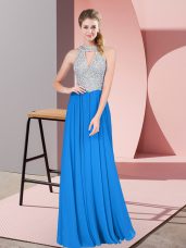 Designer Floor Length Blue Juniors Evening Dress Chiffon Sleeveless Beading