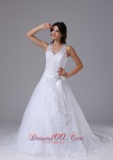 Lace Halter Sashed Court Train Wedding Dress