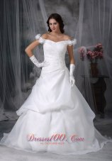 Off The Shoulder Appliques Sweep Wedding Dress Beaded