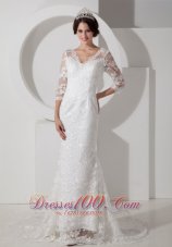 V Neck Mermaid Brush Lace Sleeves Wedding Dress