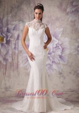 Lace High Neck Mermaid Court Wedding Dress Beaded