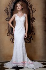 Beading V Neck Lace Court Train Wedding Dresses