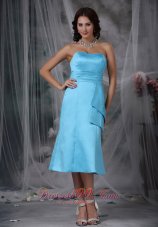 Aqua Blue Empire Waist Bridesmaid Dress Tea-length