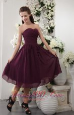 Grape Tea-length Pleat Bridesmaid Dress Empire Sweetheart