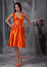 V-neck Knee-length Orange Red Prom Dress Column