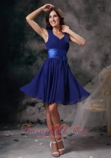 Empire Peacock Blue V-neck Cocktail Dress Sash Chiffon