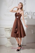 Tea-length Chocolate Brown Prom Dress Spaghetti Straps