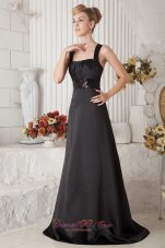 Black Prom Dress A-line Straps Brush Train Beaded