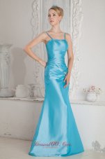 Aqua Blue Column Straps Bridesmaid Dress Beads Ruched