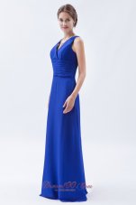 V-neck Royal Blue Sheath Chiffon Ruch Bridesmaids Dresses