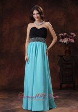 Black and Aqua Blue Beaded Waistband Prom Dress